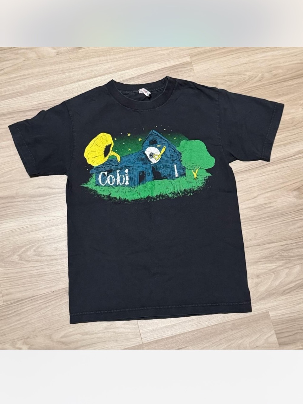 Vintage Cobi Graphic T-Shirt Black Size S- Indie Band Art Barn Gramophone Tee